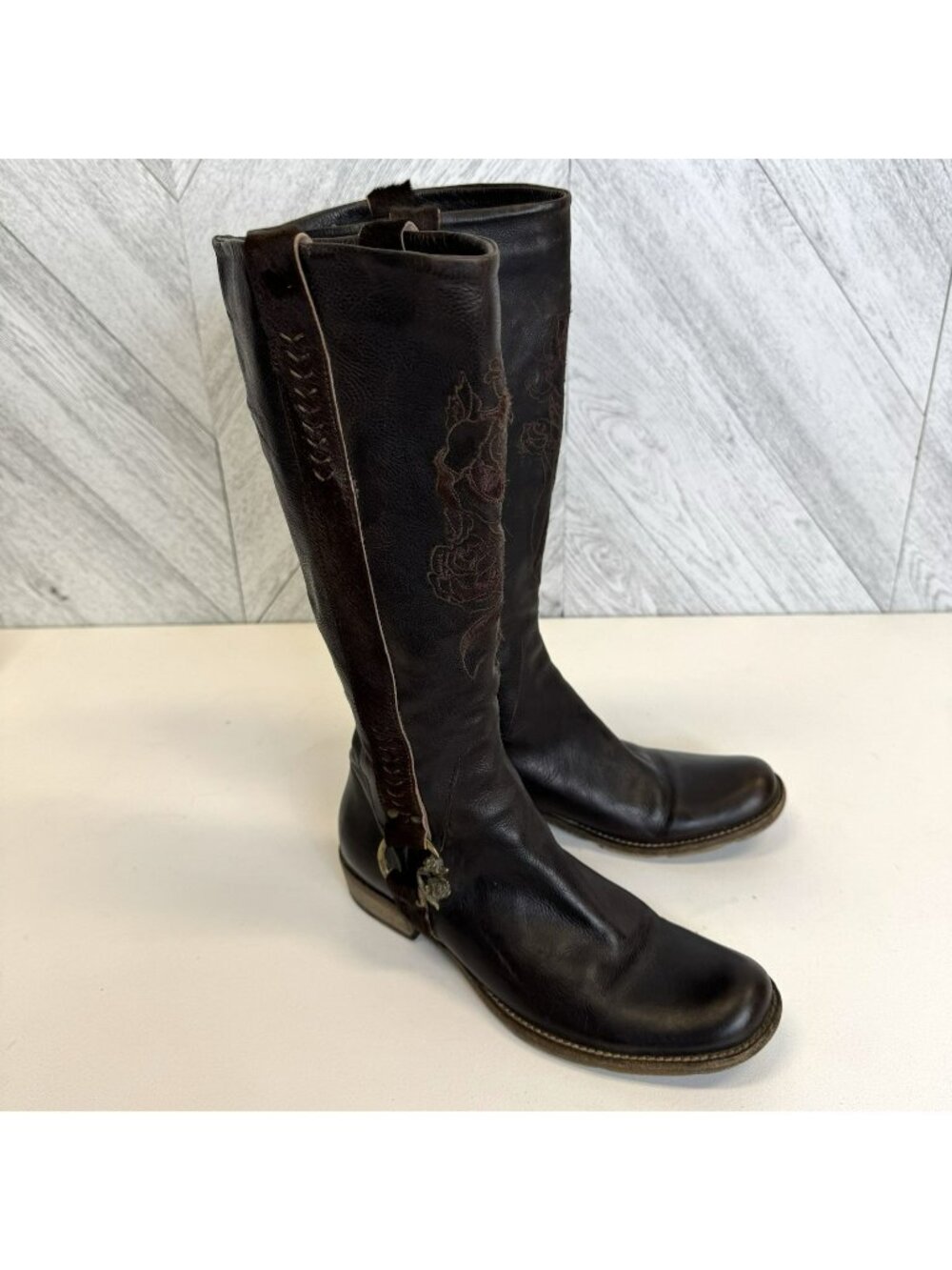Mark Nason Siren Brown Leather Riding Boots Rose Hardware Embroidery Womens US 6
